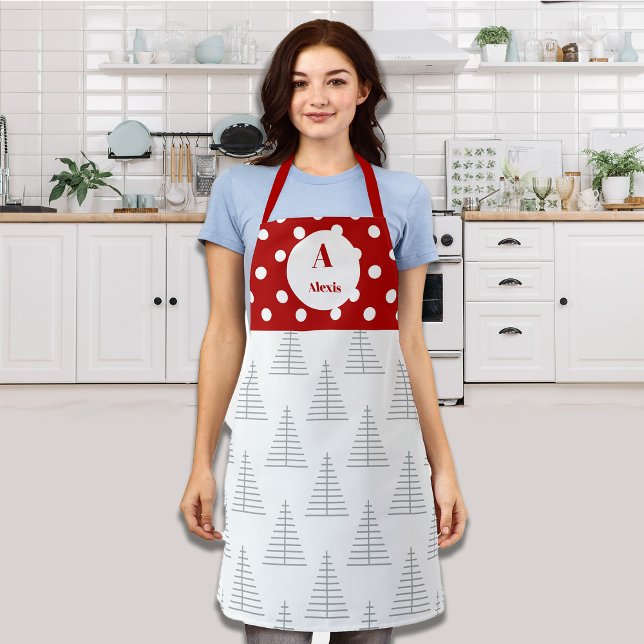 Christmas Dots & White Trees Custom Name Apron (Creator Uploaded)