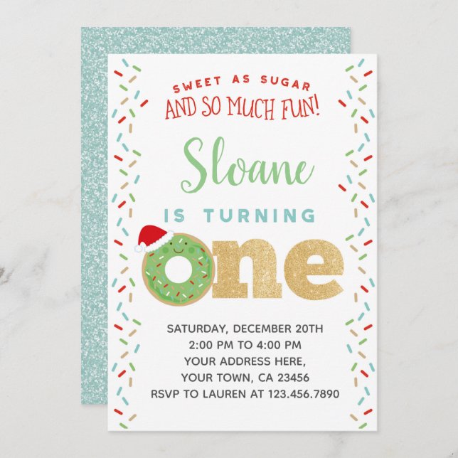 Christmas Doughnut 1st Birthday Invitation (Front/Back)