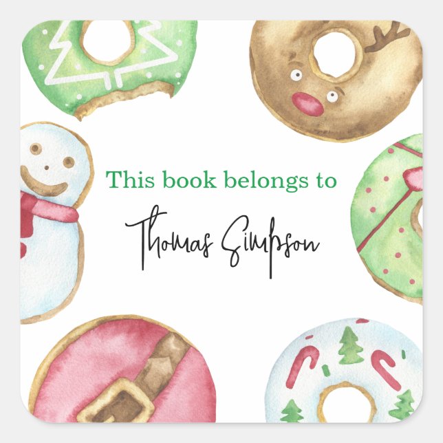 Christmas doughnuts cookies - baby shower bookplat square sticker (Front)