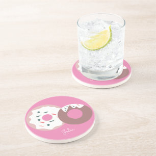 Christmas Doughnuts Sprinkles Bakery Pink Name Coaster
