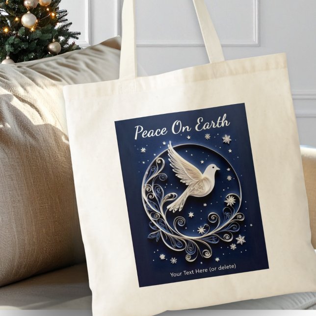 Christmas Dove of Peace in Dark Blue Sky Tote Bag (A festive Christmas tote bag with Dove of Peace design in a faux papercraft style on navy blue)