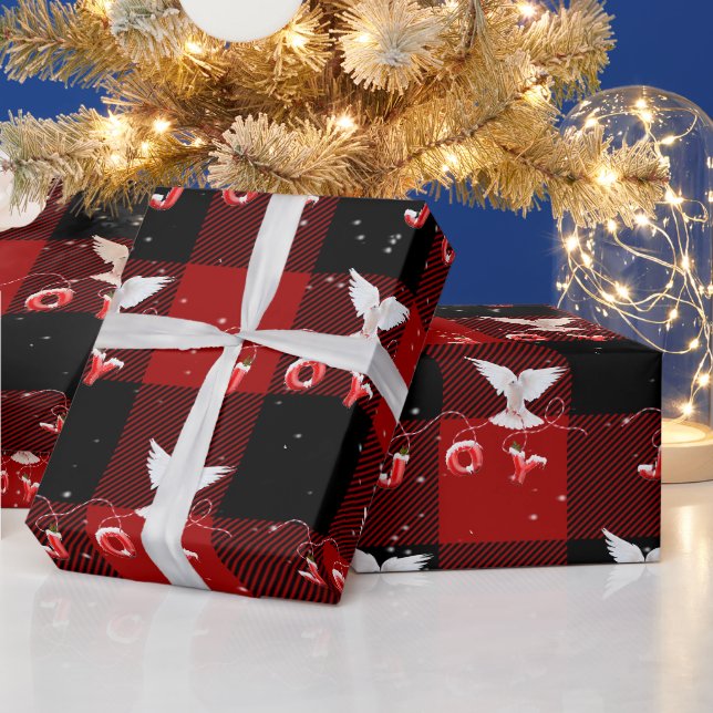 Christmas Dove With Joy On Plaid Wrapping Paper (Holidays)