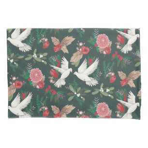 Christmas Doves Botanical Floral Pillow Case