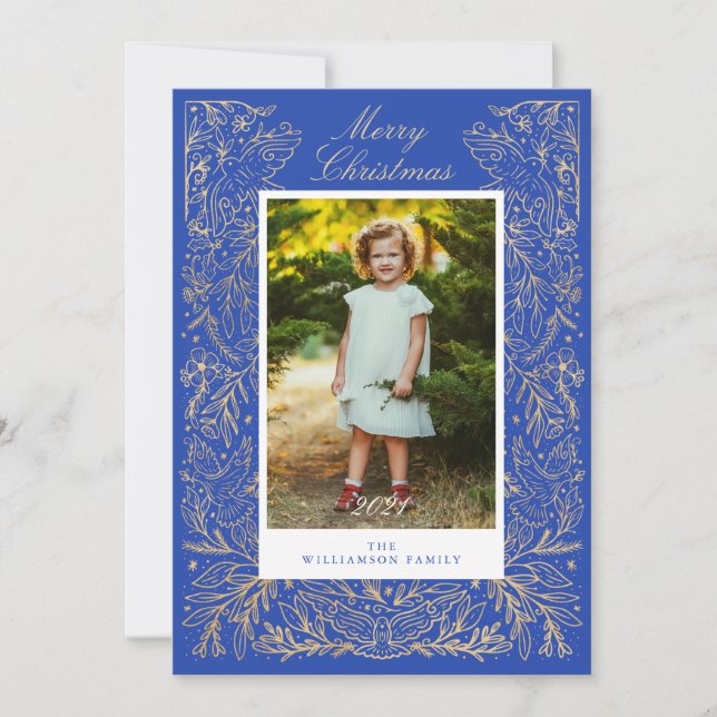 Christmas Doves Of Peace & Love Floral Frame Photo Holiday Card (Front)