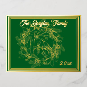 Christmas Doves, Wreath, in Gold with Green Foil Holiday Postcard