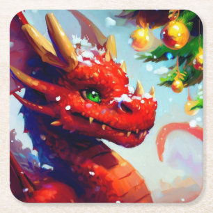 Christmas Dragon 2 Square Paper Coaster