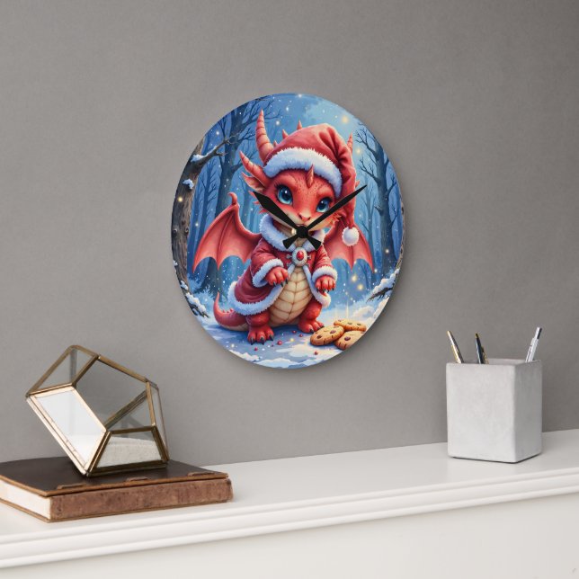Christmas dragon, too cute to arrest,  large clock (Office)