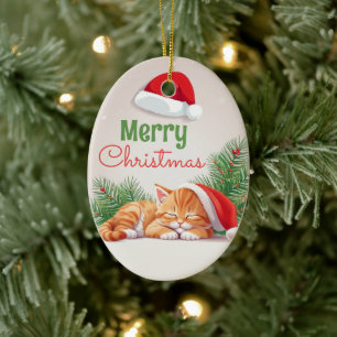 Christmas Dreams - Sleeping Kitten in Santa Hat Ceramic Tree Decoration