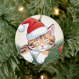 Christmas Dreams - Sleeping Kittens in Santa Hat Ceramic Tree Decoration