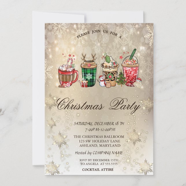 Christmas Drinks Snowflakes Gold Christmas Invitation (Front)