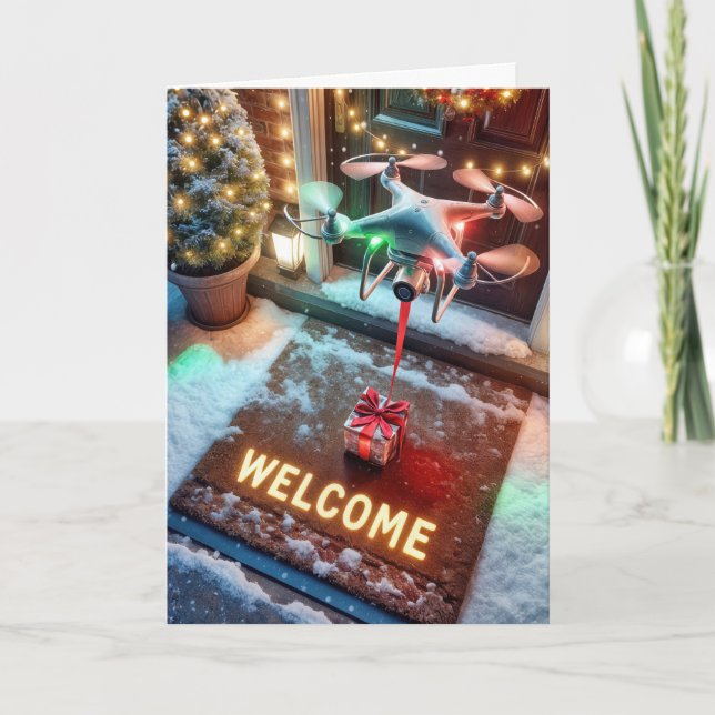 Christmas Drone Delivering a Gift Holiday Card (Front)