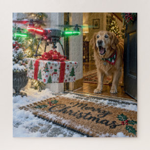 Christmas Drone Delivery with Surprised Dog Jigsaw Puzzle