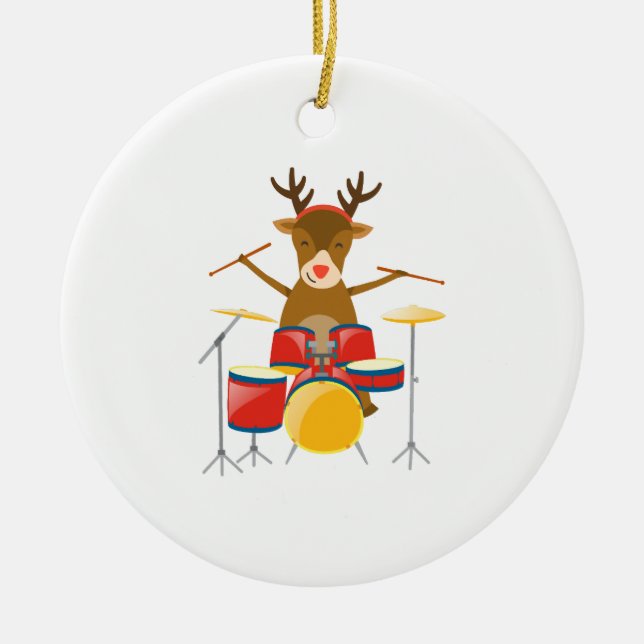 Christmas Drummer Reindeer Drum Set Holidays Ceramic Tree Decoration (Front)