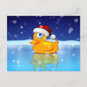 Christmas Duck Wearing A Santa Hat In Snowy Night Holiday Postcard