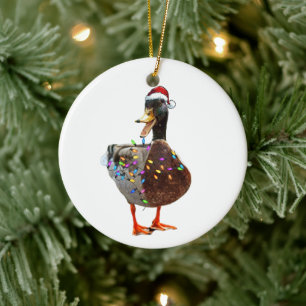 Christmas Duck with hat and lights Ceramic Tree Decoration