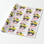 Christmas Dump Truck Construction Trucks  Wrapping Paper<br><div class="desc">A cute illustration of a Christmas dump truck construction truck vehicle wearing a Santa hat and decorated in Christmas lights with words "Merry Christmas" transporting a festive Christmas tree. Perfect for boys and girls who love construction trucks, toy trucks or heavy machinery. An ideal Christmas wrapping paper for dump truck...</div>