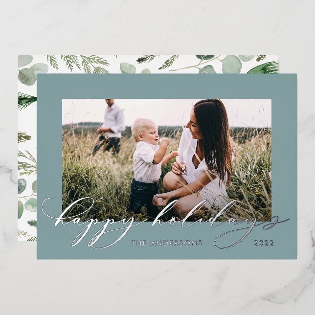 Christmas dusty blue 1 photo botanical script (Front/Back)