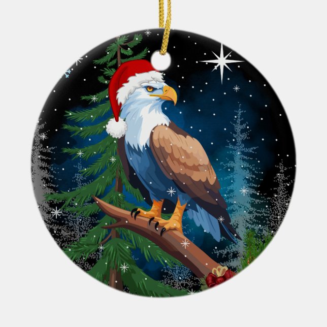 Christmas Eagle Wearing Santa Hat  Ceramic Tree Decoration (Front)