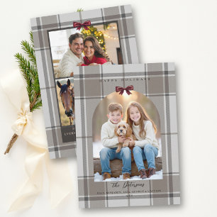 Christmas Earthy Tan Plaid Tartan Arch Bow Photo Holiday Card