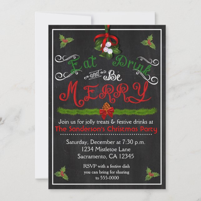 Christmas Eat Drink Vintage Chalkboard Invitation (Front)