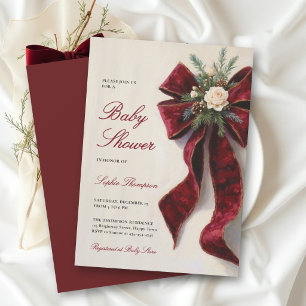 Christmas Elegant Burgundy Bow Winter Baby Shower Invitation
