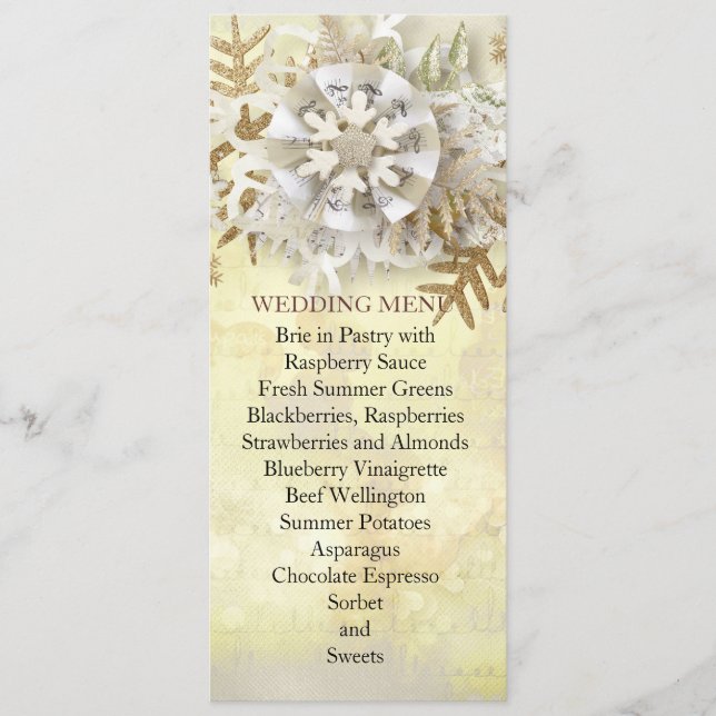 Christmas Elegant Gold Snowflakes Wedding Menu (Front)