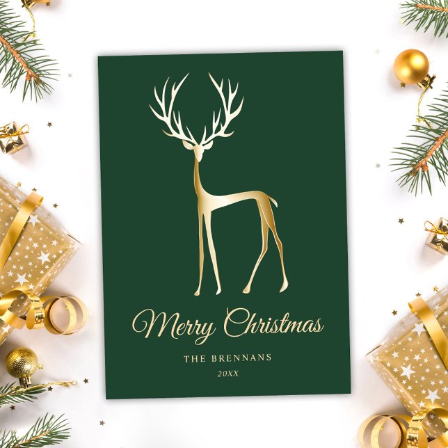 Christmas Elegant Minimalist Green Gold Reindeer Holiday Card (Christmas Elegant Minimalist Green Gold Reindeer Holiday Card)