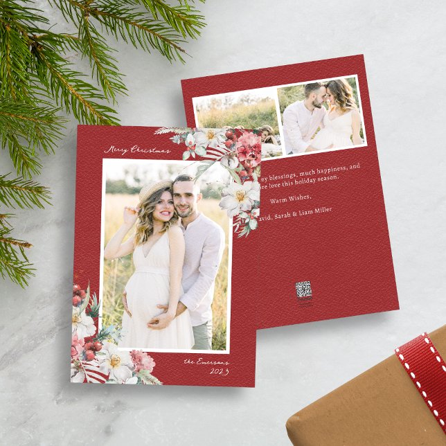 Christmas Elegant Photo Collage Holiday Card (Red Merry Christmas Photo Collage Holiday Card with Elegant Watercolor Botanical Florals Berries)