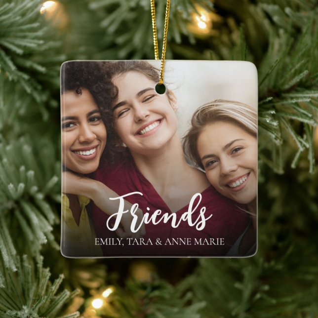 Christmas Elegant Photo Friends Calligraphy Script Ceramic Ornament (Tree)