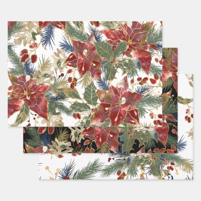 Christmas Elegant Red Gold Poinsettias Evergreens Wrapping Paper Sheet (Set)