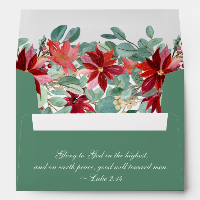 Christmas Elegant Red Green Floral Return Address Envelope (Back (Bottom))