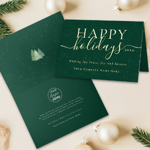 Christmas Elegant Script Business Logo Green Gold Foil Holiday Card