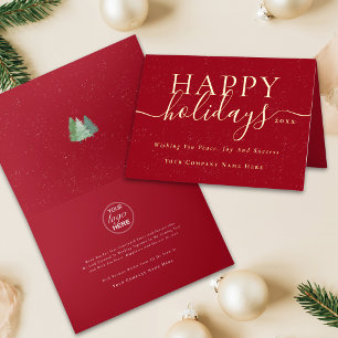 Christmas Elegant Script Business Logo Red Gold Foil Holiday Card