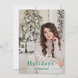 Christmas Elegant Script Photo Green Happy  Holiday Card