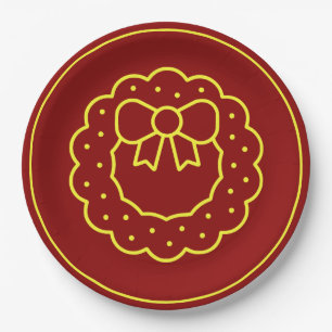 Christmas Elegant Simple Gold Wreath on Red 9" Paper Plate