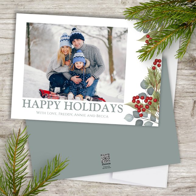 Christmas Elegant Winter Holly Berries 1 Photo Holiday Card (Happy Holidays photo card with blue eucalyptus and winter greenery. )