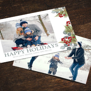 Christmas Elegant Winter Holly Berries 2 Photo Holiday Card