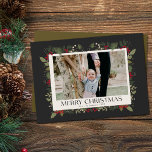 Christmas Elegant Winter Holly Botanical photo  Holiday Card<br><div class="desc">Gorgeous modern Merry Christmas Winter holly berry border photo holiday card. Customise with your family name and year.</div>