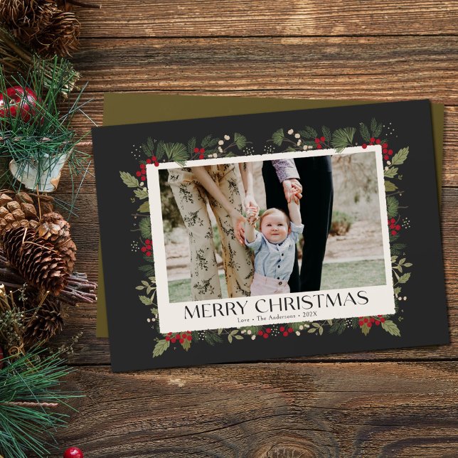 Christmas Elegant Winter Holly Botanical photo  Holiday Card (Holly Botanical Merry Christmas invitation. moody foliage photo card)