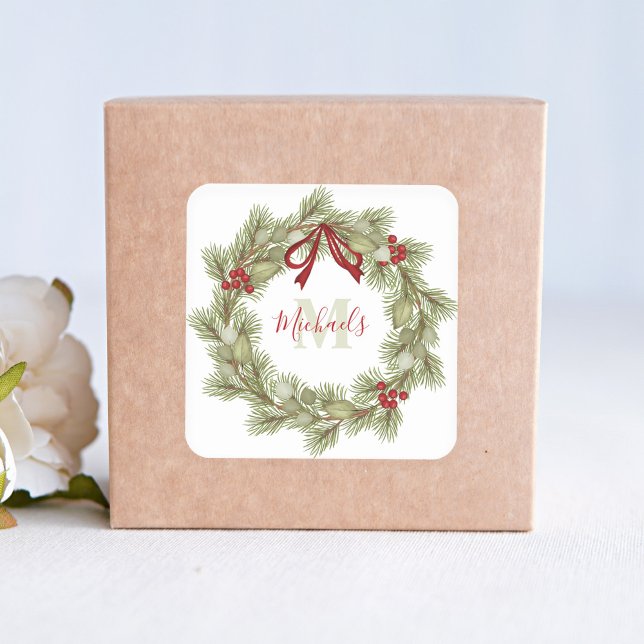 Christmas Elegant Wreath Red Holly Monogram  Square Sticker (Christmas holiday greenery and red holly berries wreath with red ribbon sticker. )