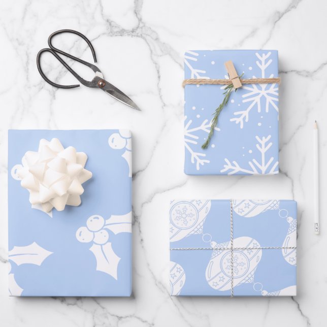 Christmas Elements on Cobalt Blue Wrapping Paper Sheet (Front)