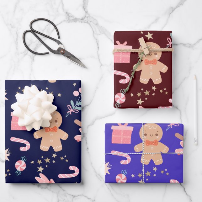 Christmas Elements on Navy Blue Wrapping Paper Sheet (Front)