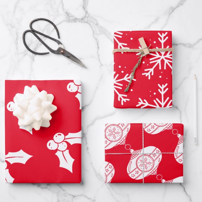Christmas Elements on Red Wrapping Paper Sheets (Front)