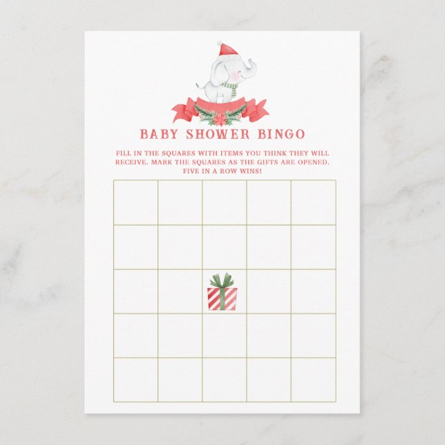 Christmas Elephant Baby Shower Bingo Card (Front)