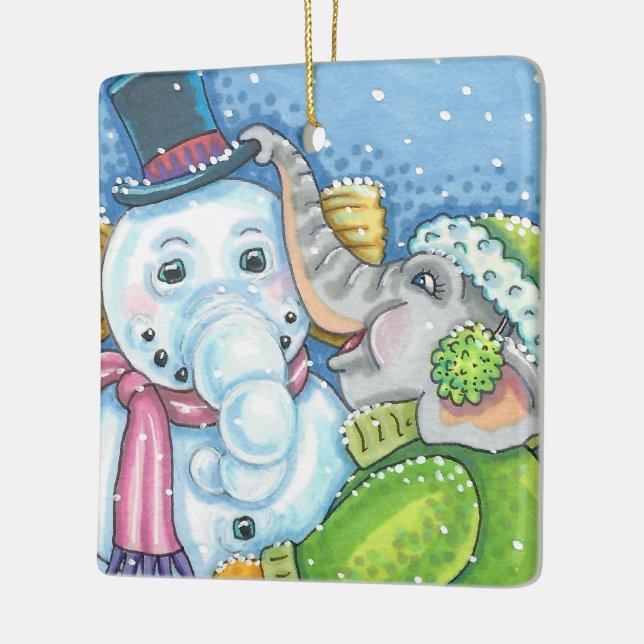 CHRISTMAS ELEPHANT BUILDING CUTE PACHYDERM SNOWMAN CERAMIC ORNAMENT (Left)