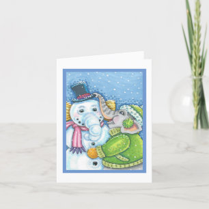 CHRISTMAS ELEPHANT BUILDING CUTE PACHYDERM SNOWMAN HOLIDAY CARD