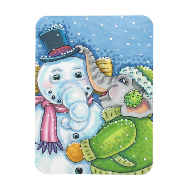 CHRISTMAS ELEPHANT BUILDING CUTE PACHYDERM SNOWMAN MAGNET (Vertical)