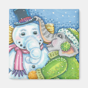 CHRISTMAS ELEPHANT BUILDING CUTE PACHYDERM SNOWMAN MAGNET