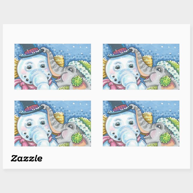 CHRISTMAS ELEPHANT BUILDING CUTE PACHYDERM SNOWMAN RECTANGULAR STICKER (Sheet)