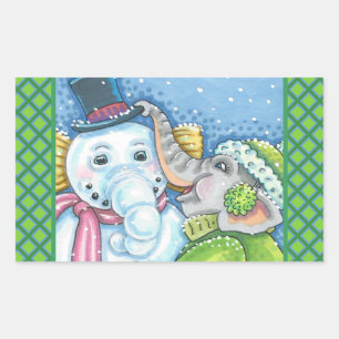 CHRISTMAS ELEPHANT BUILDING CUTE PACHYDERM SNOWMAN RECTANGULAR STICKER